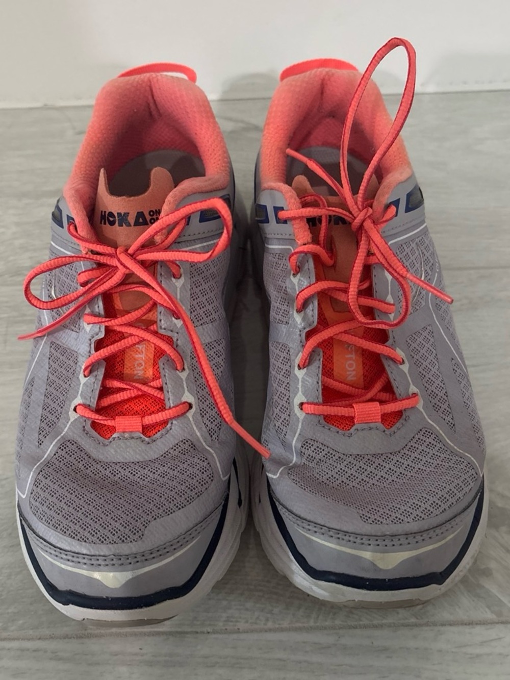 Hoka Women’s Light Gray and Coral Athletic Running Shoes